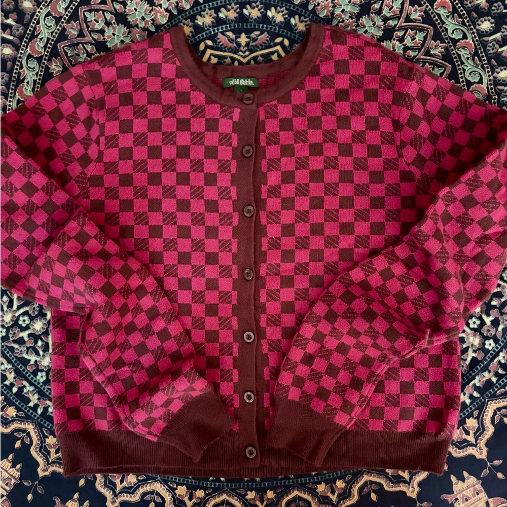 Wild Fable Pink and Brown Checkered Cardigan